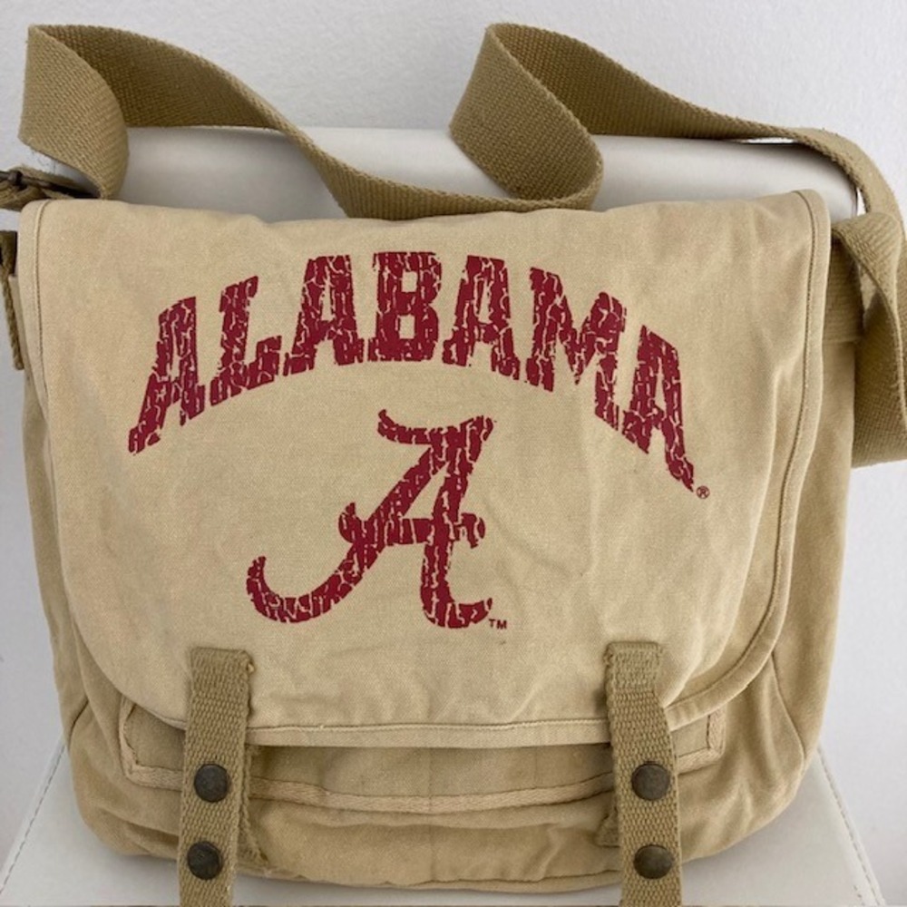 Alabama Canvas Messinger Bag Tan 12 x 14 Snap Closure 14 x 12 Adjustable Strap